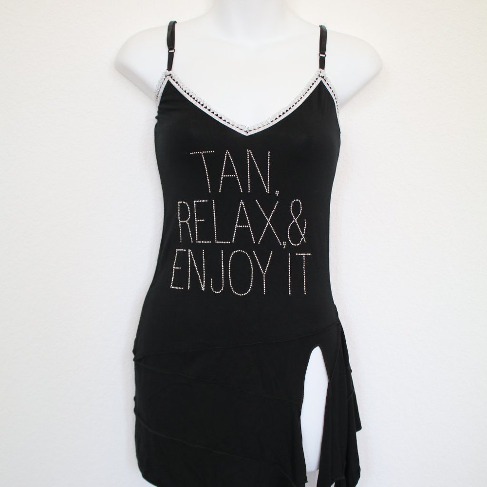 Tan Relax & Enjoy Logo Tank TOP Assymetrical Beaded Side SLIT Mini Dress - Small